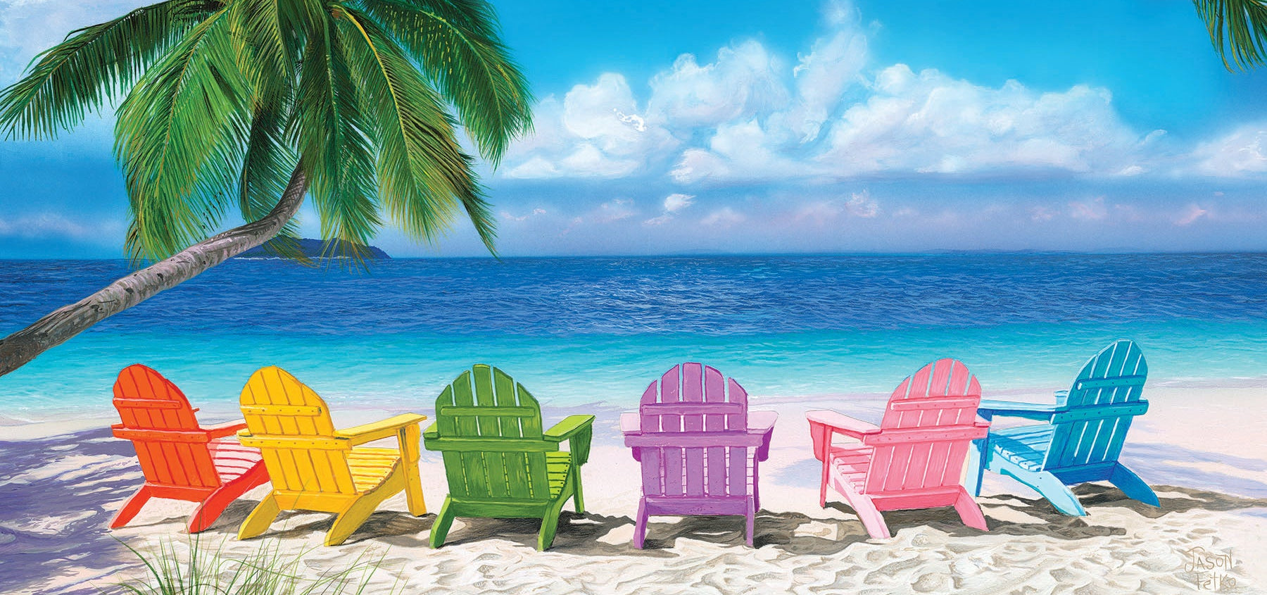 A beach with an orange, yellow, green, purple, pink, and blue Adirondack chair flanked by two palm trees with a view of the ocean with blue skies.